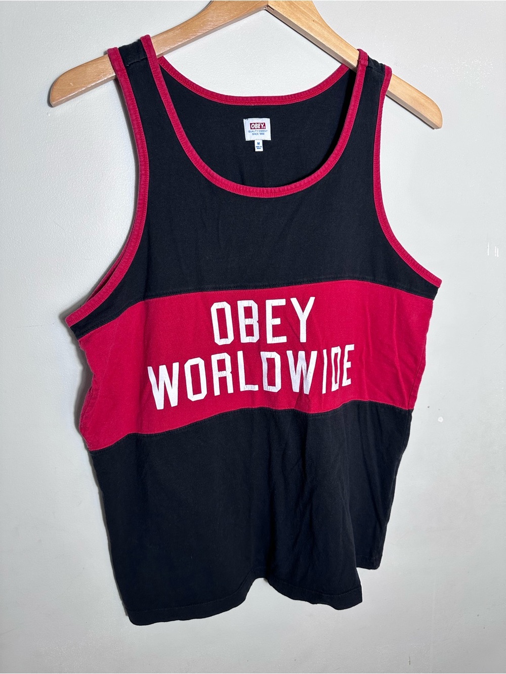 Obey Black and Red Logo Colorblock ringer Tank top